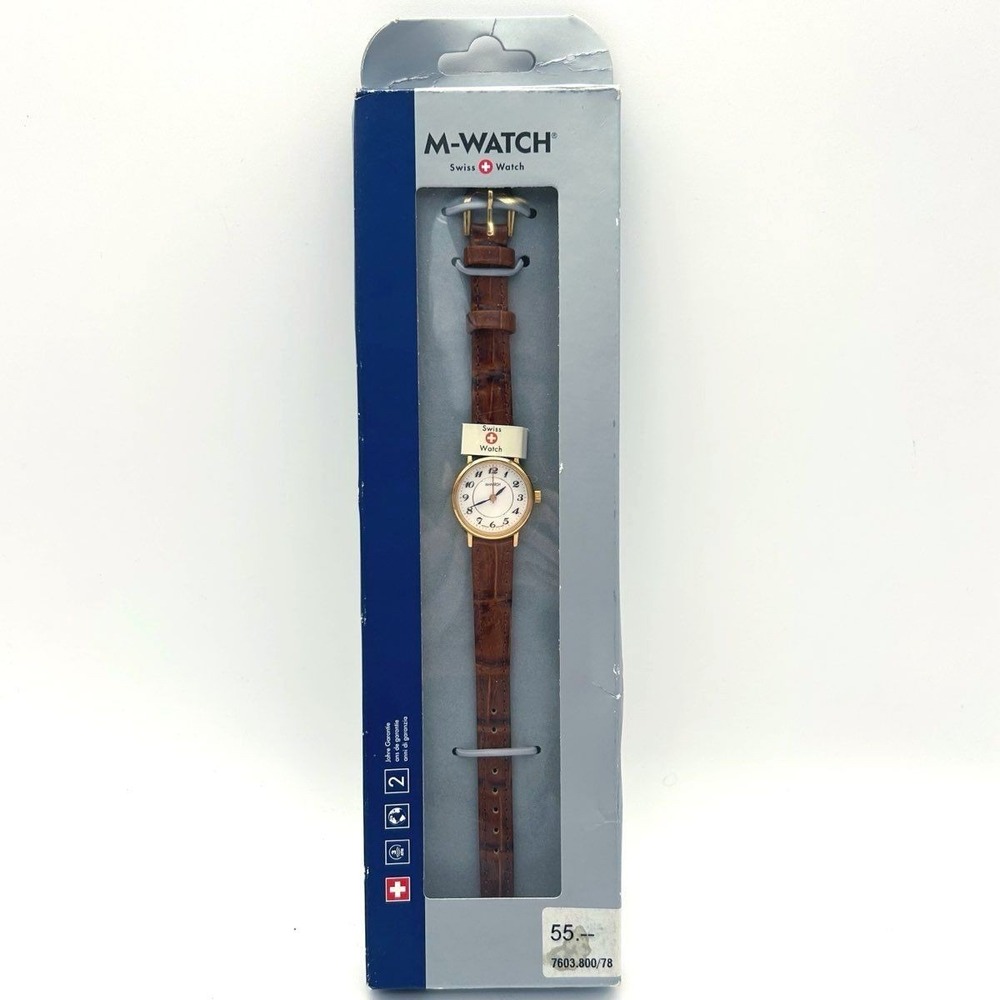 M-Watch Swiss Watch by Mondaine NOS Gold Tone Brown Leather Quartz Wristwatch‎